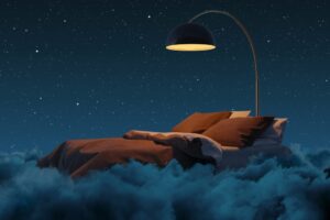 3d,Rendering,Of,Cozy,Bed,Illuminated,By,Lamp.,The,Bed