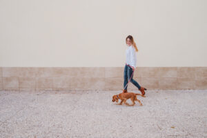 Young,Woman,At,The,Street,Walking,With,Her,Cute,Cocker