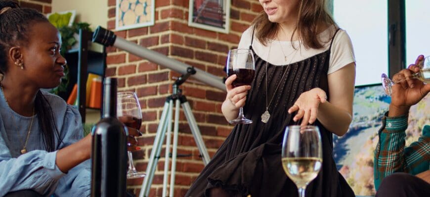 Two women and a man sharing wine in cheese in an apartment living room