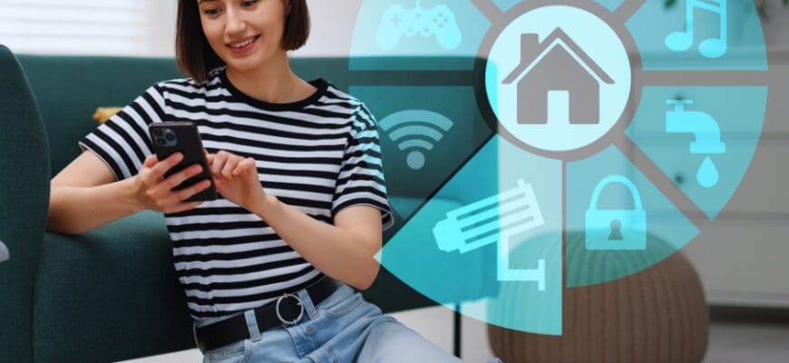 A woman exloring smart home features with a graphic imposed next to her